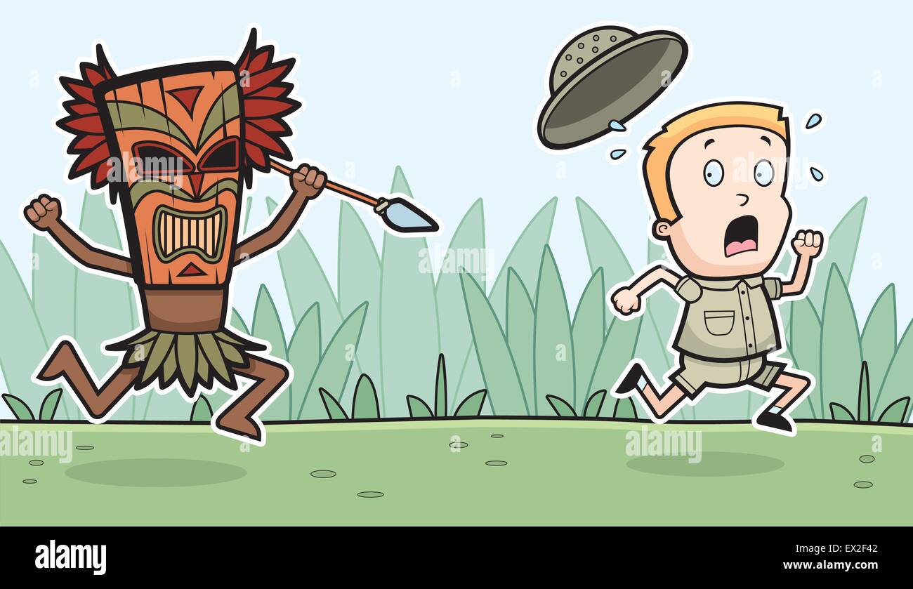 A cartoon explorer being chased by a witch doctor. Stock Vector