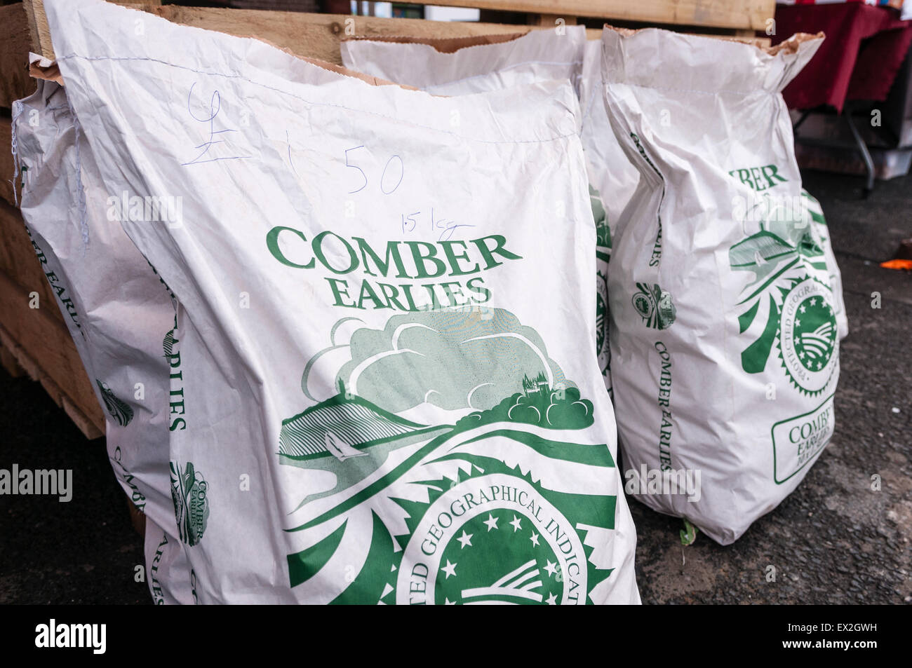 Comber 'Earlies' potatoes on sale at the Comber Potato Fair Stock Photo