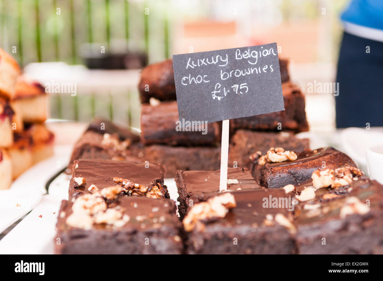 Luxury Belgian chocolate brownies for sale at a market stall Stock
