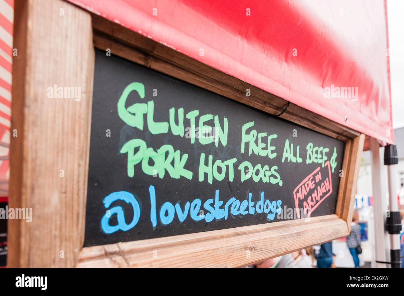 Sign advising that all beef and pork hotdogs are gluten free Stock Photo