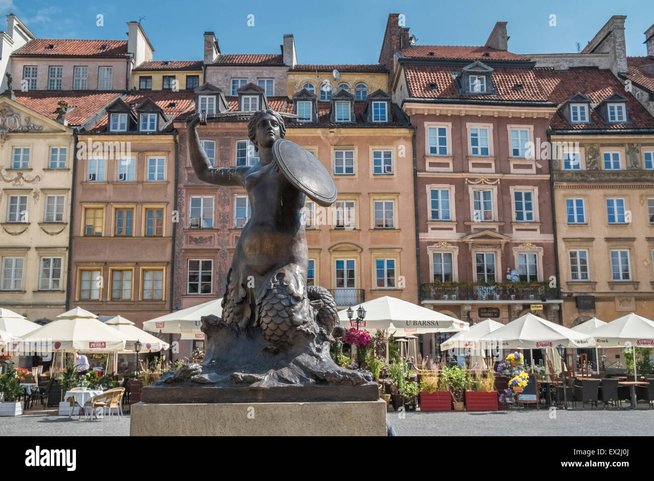 Mermaid of Warsaw sculpture in Old Town Square, Warsaw, Poland Stock Photo