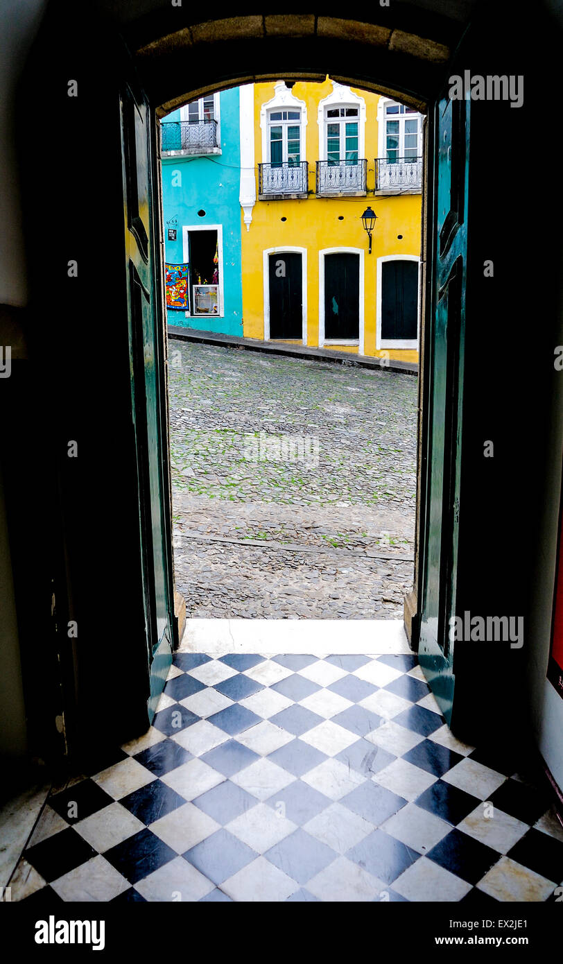 Salvador de Bahia, brazil, colorful buildings through a door Stock Photo