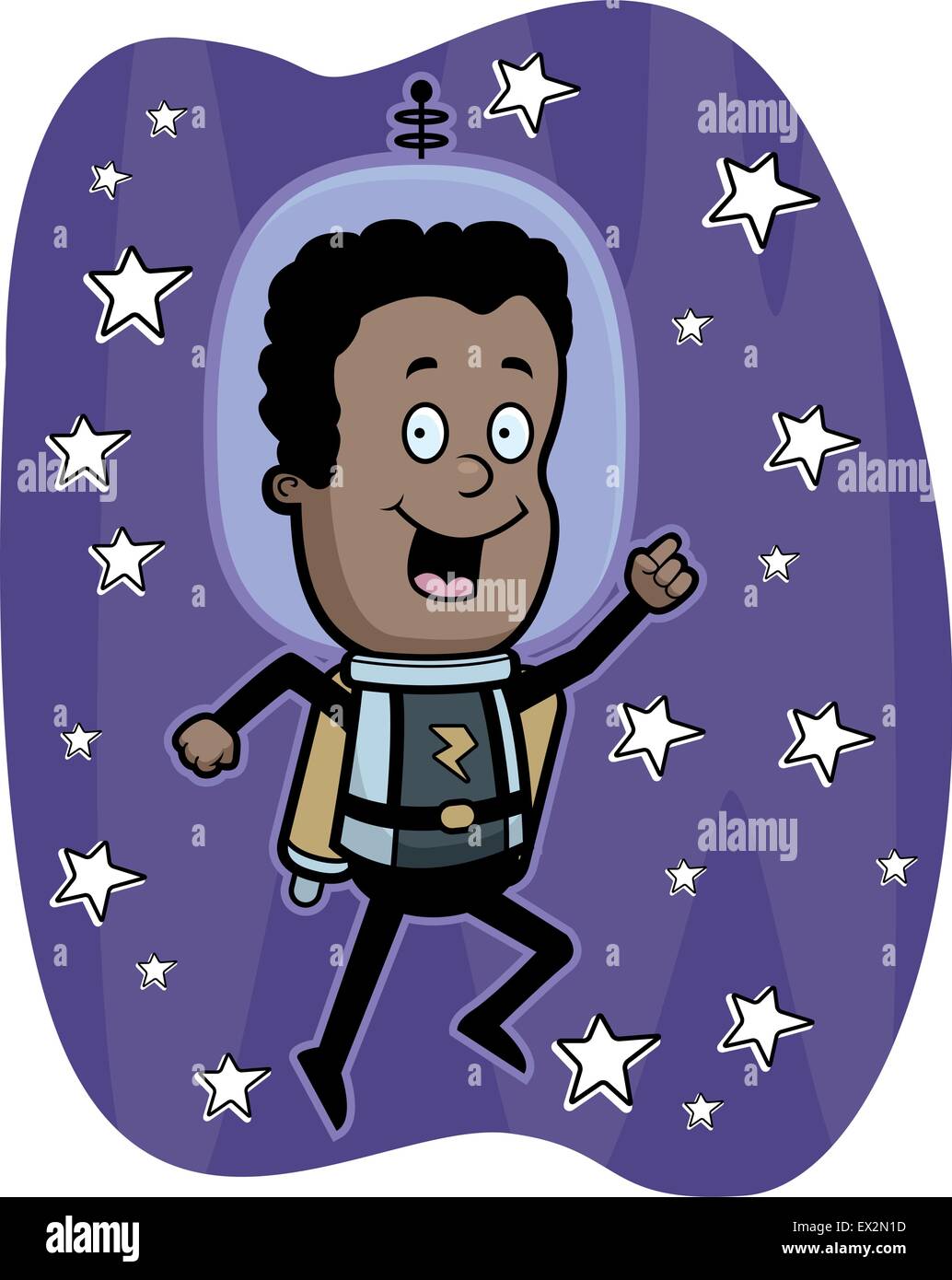 A happy cartoon astronaut boy in space with a jet pack. Stock Vector