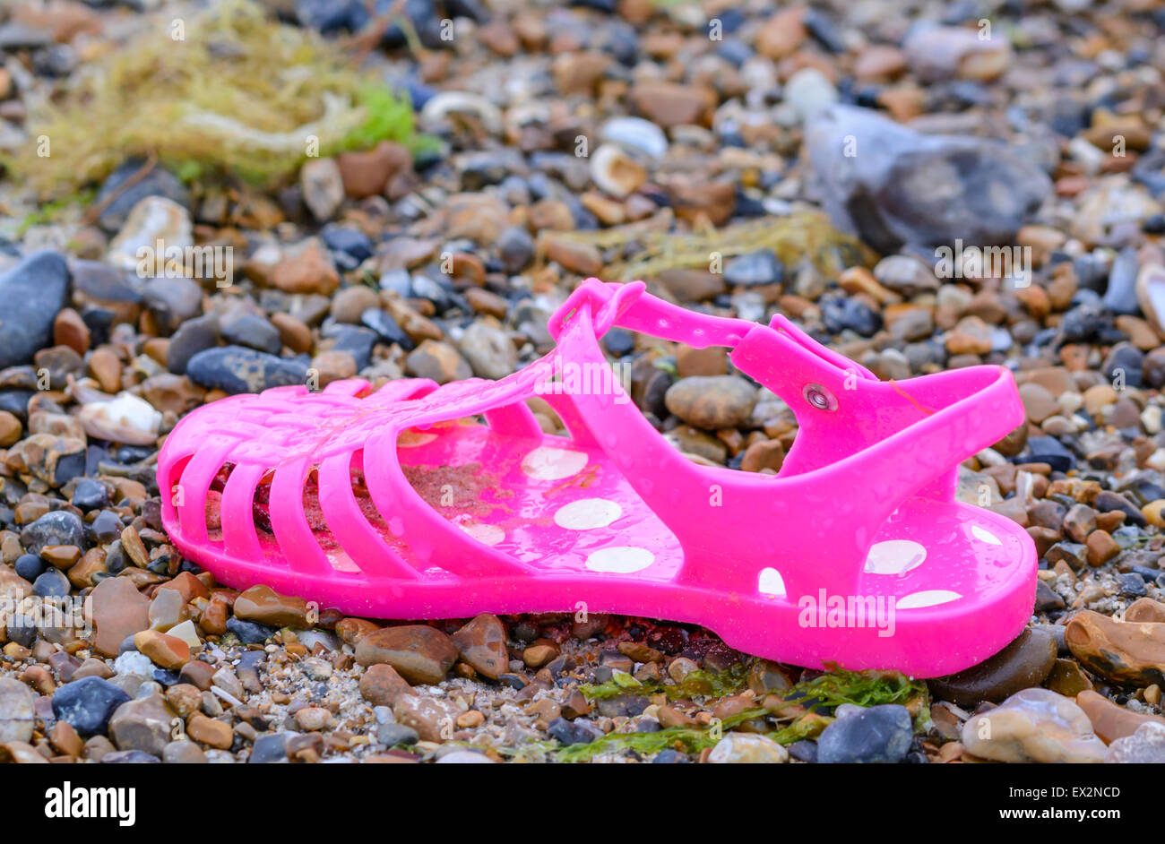 A pink sandal (croc) left on a beach and covered in water. Stock Photo