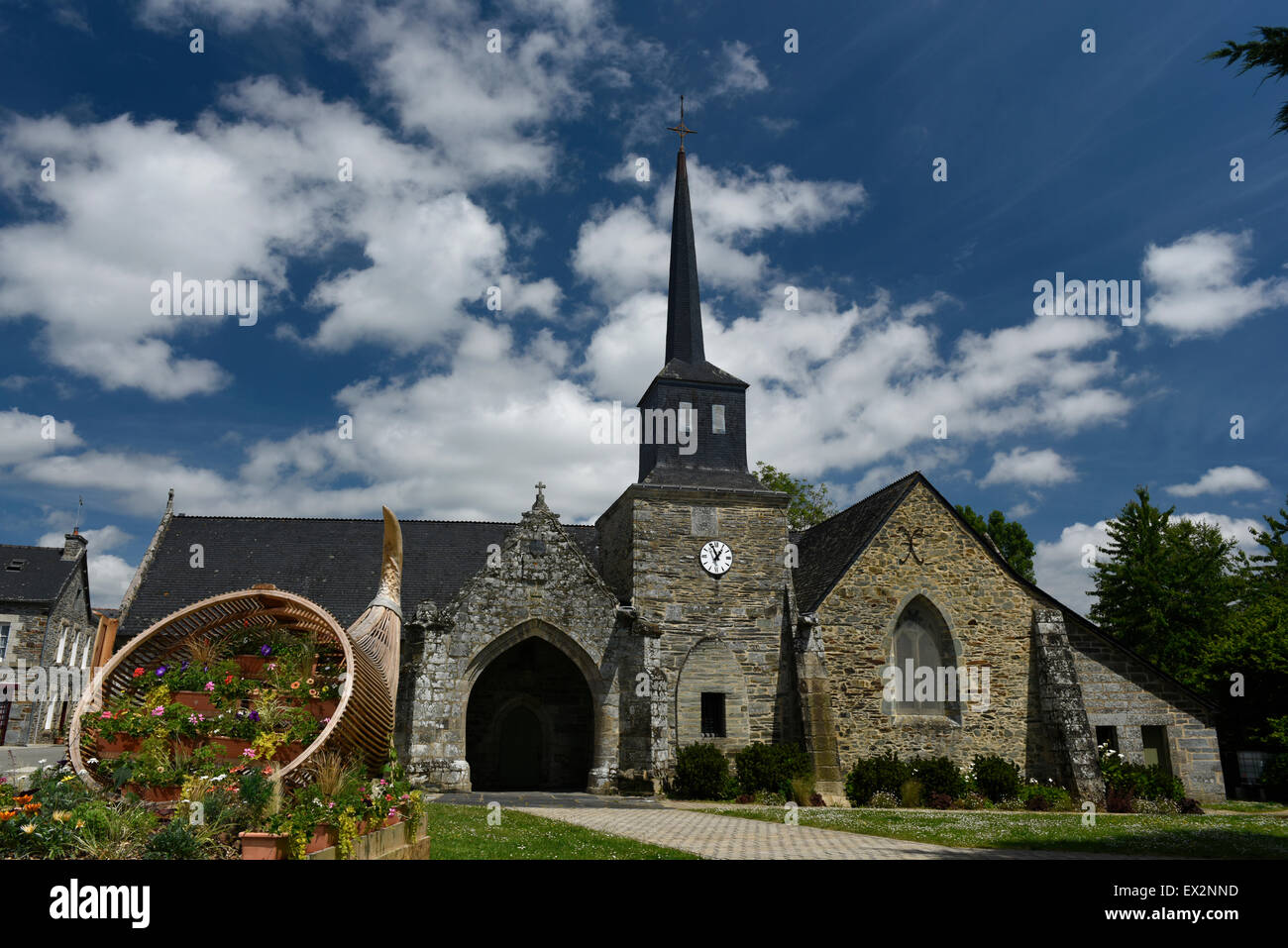 Saint-Aignan Church and Horn of Plenty installation, St Aignan, Morbihan, Brittany, France Stock Photo
