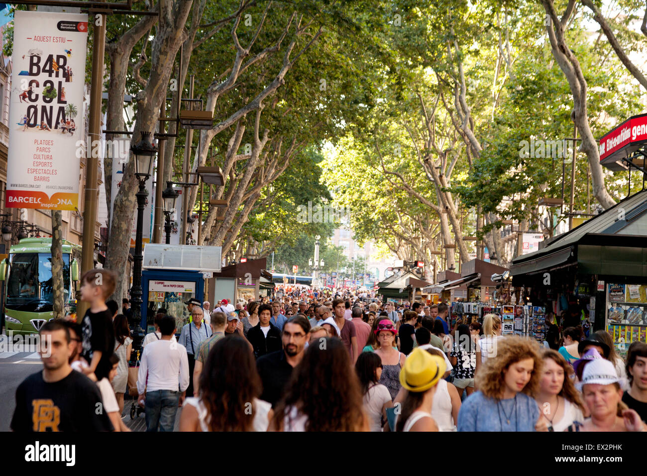 Barcelona crowds; Crowd of people on Las Ramblas ( La Rambla ) walkway, Barcelona, Spain Europe Stock Photo
