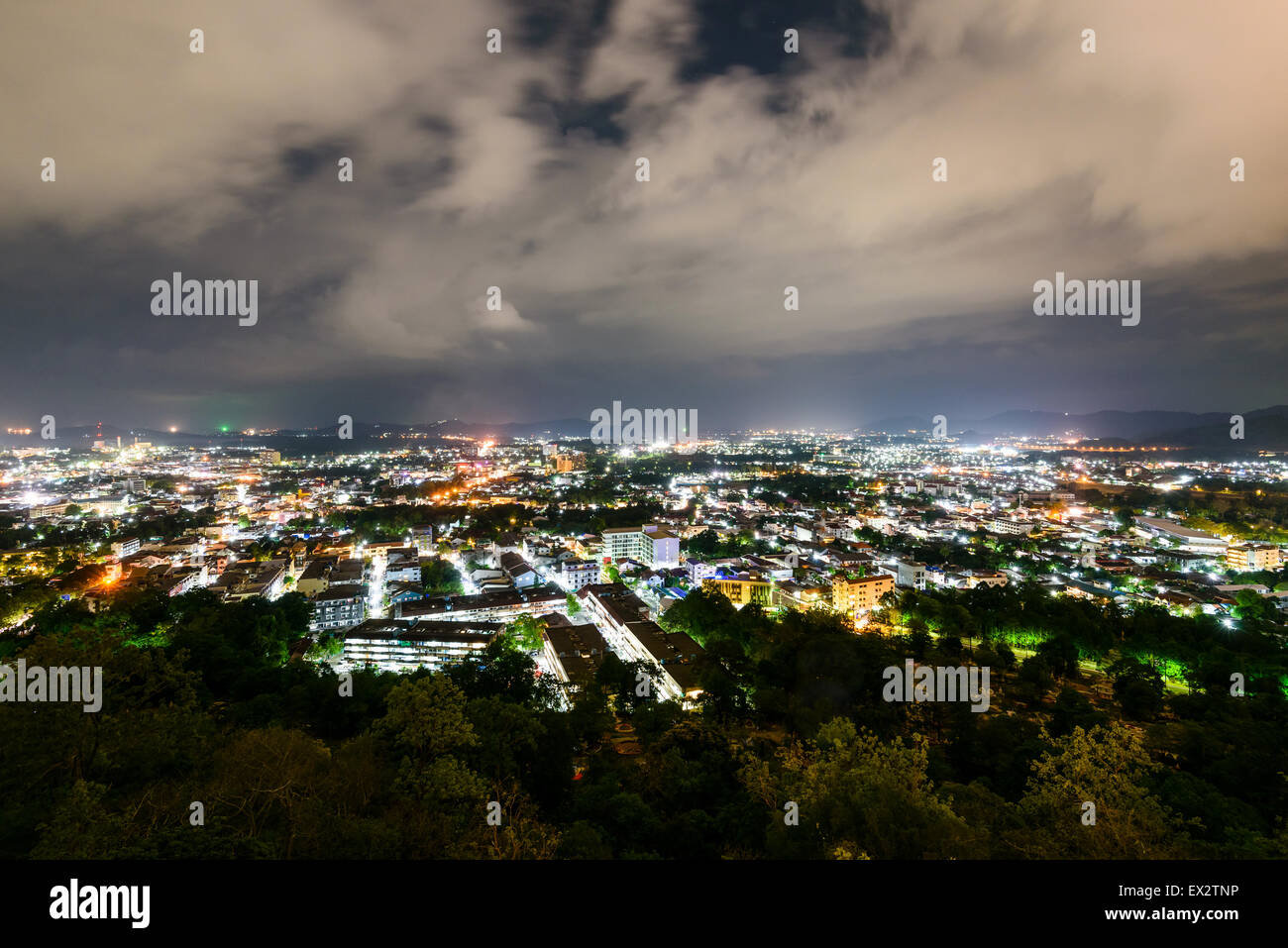 High angle view city at night sky from Khao Rang viewpoint is a tourist town near the sea on big island of Phuket province in Th Stock Photo