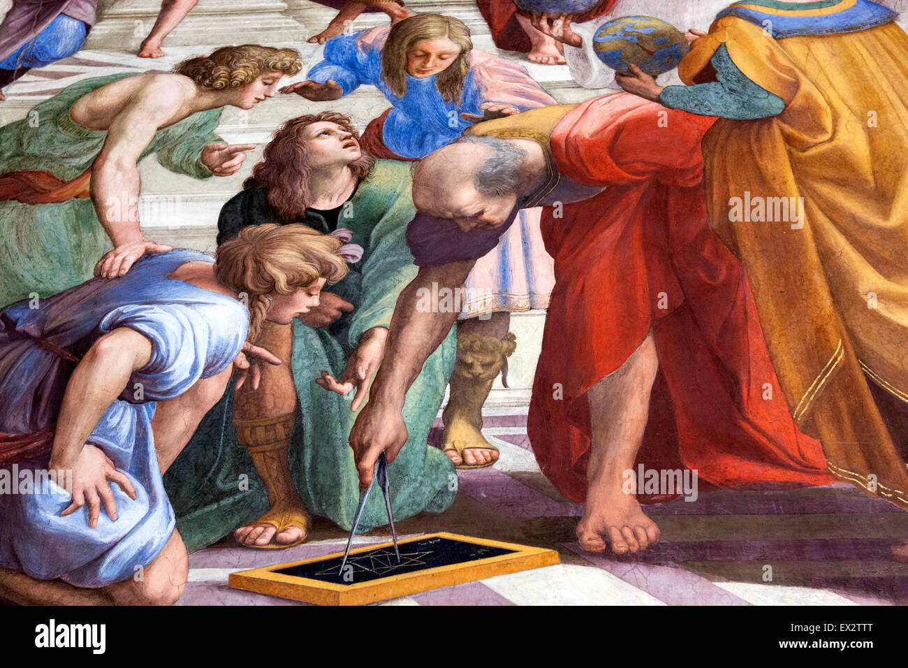 Euclid or Archimedes in the School of Athens, or Scuola di Atene, a famous frescoes by the Italian Renaissance artist Raphael Stock Photo