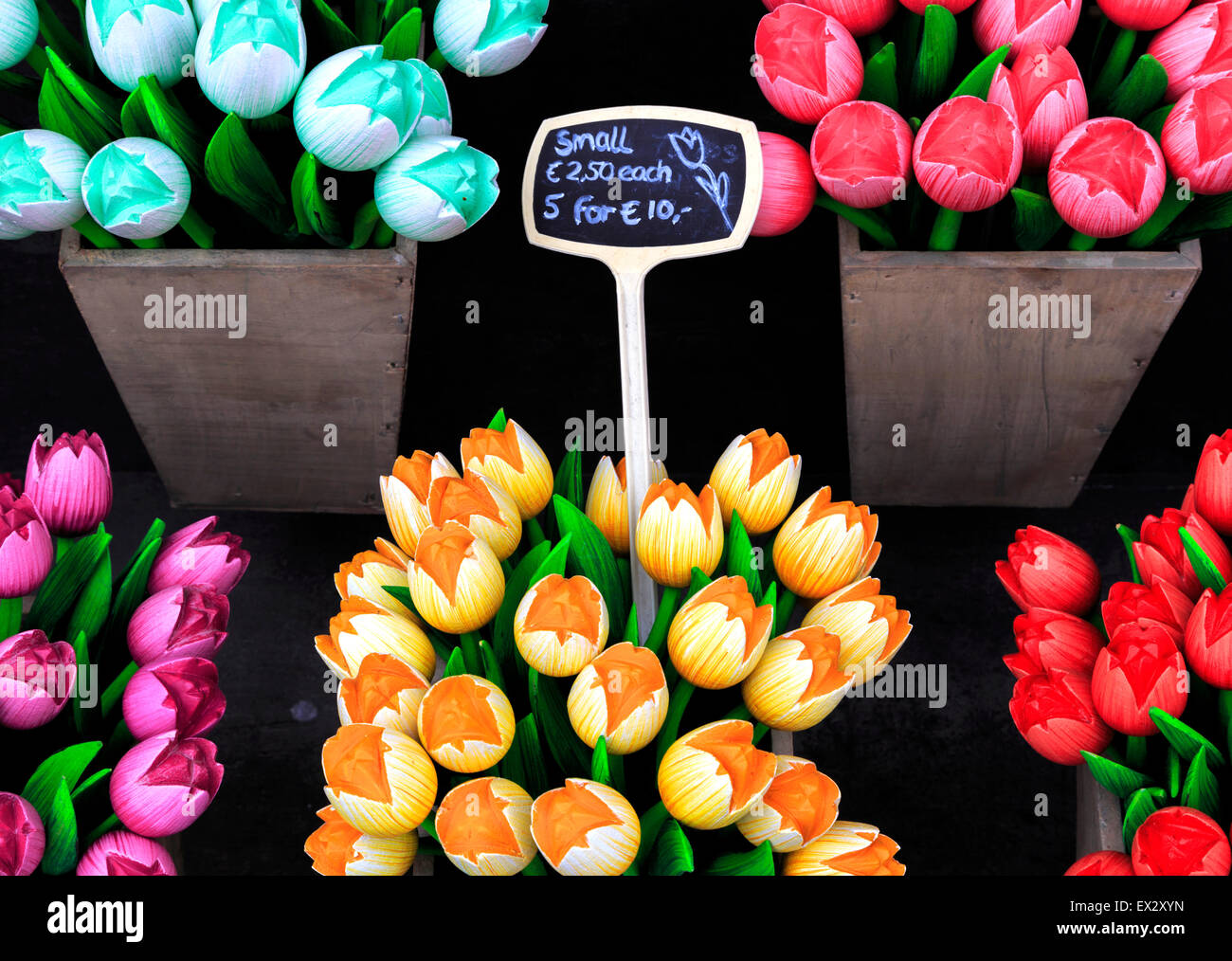 Colorful wooden tulips, popular souvenirs from Holland, for sale at a