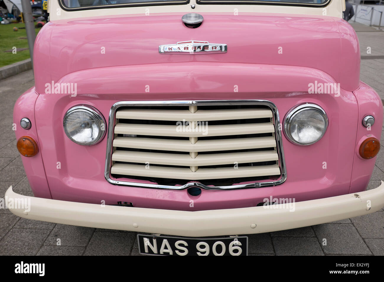 Pink Vintage Karrier Ice Cream Van Seller Vehicle Stock Photo