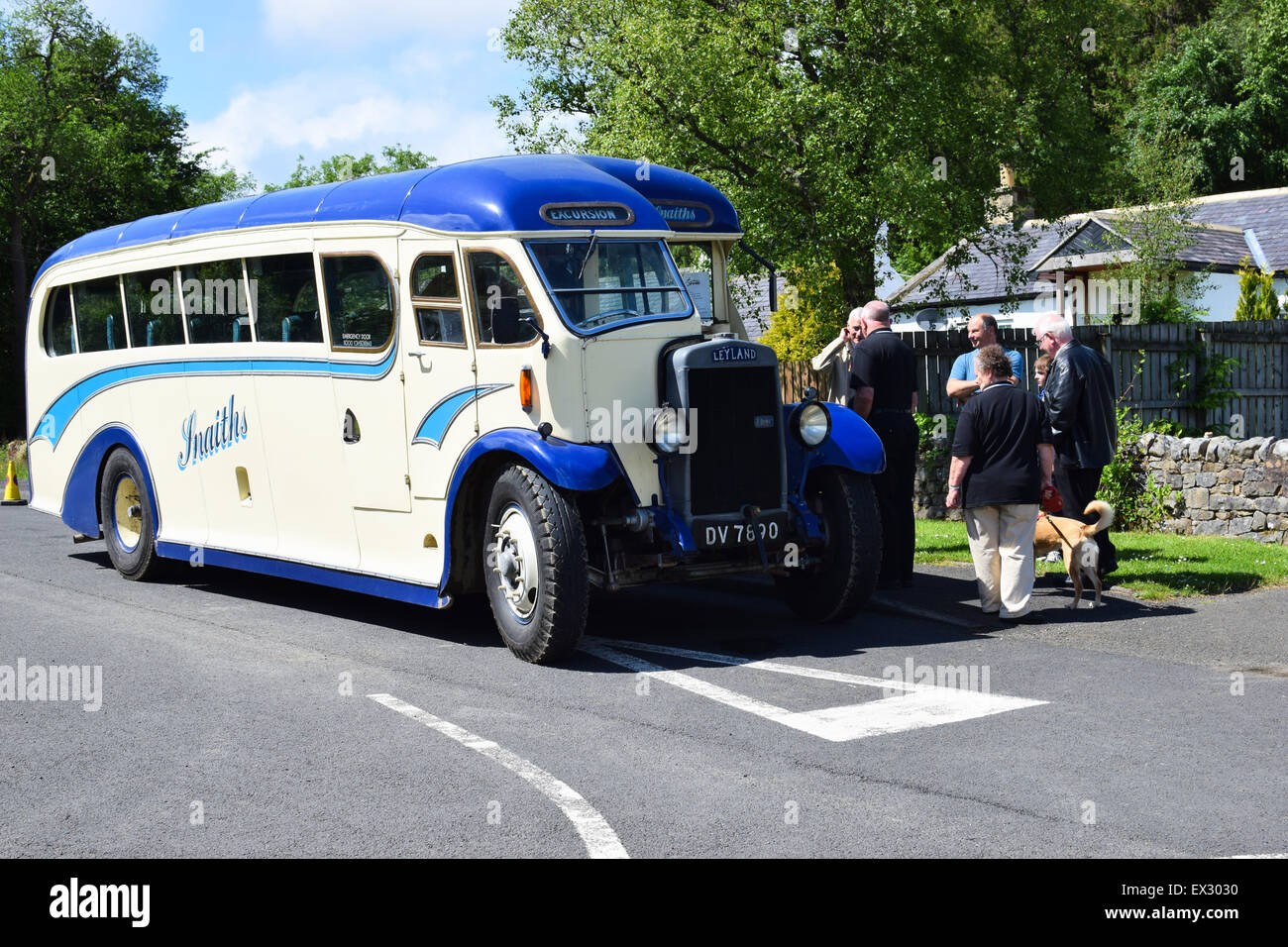 Old Leyland bus in Snaiths livery at the Kielder Vintage Vehicle show. Stock Photo
