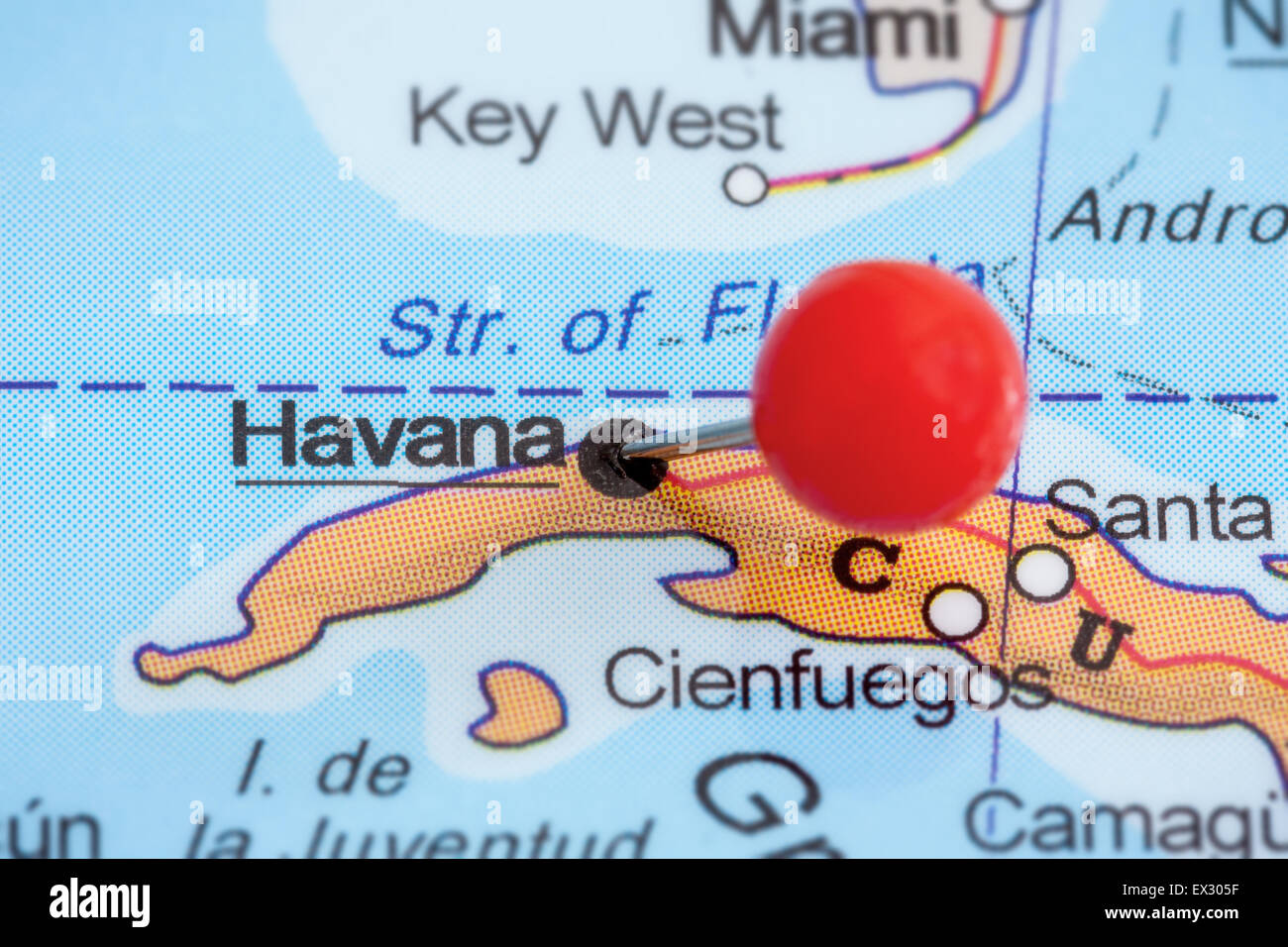 Close-up of a red pushpin on a map of Havana, Cuba Stock Photo