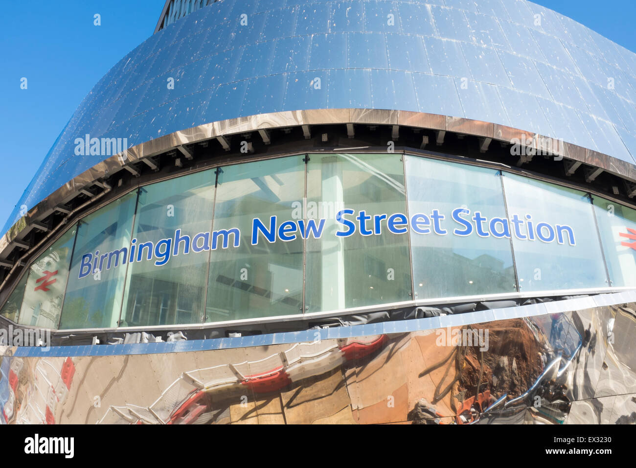 Birmingham New Street Train Station redevelopment with reflection of building works Stock Photo