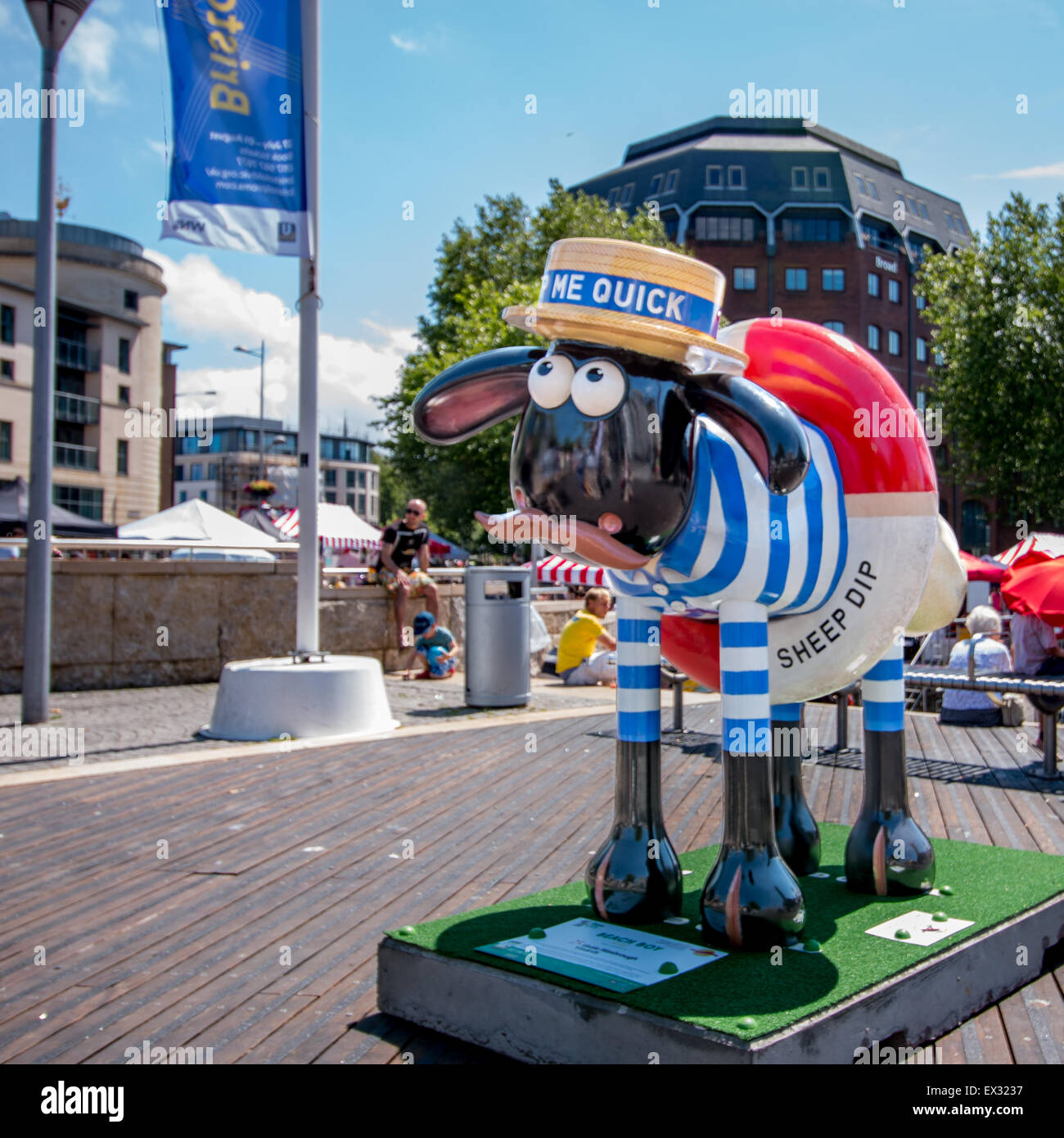BEACH BOY by Mike Ogden in Bristol City Centre. Part of the Shaun the Sheep Art Trail across Bristol Summer 2015. Stock Photo