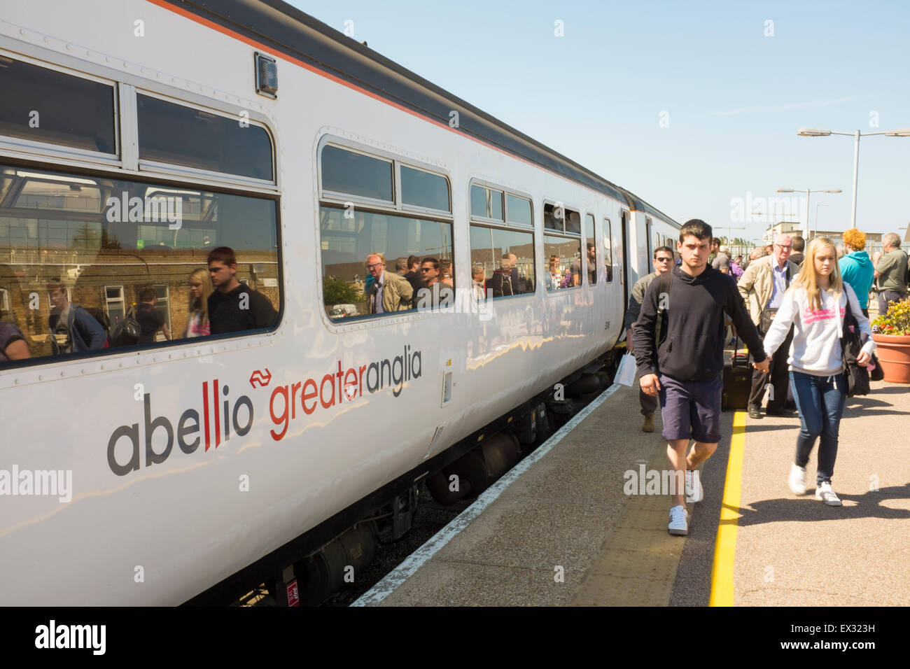 Passengers alighting an Abellio Greater Anglia train Stock Photo