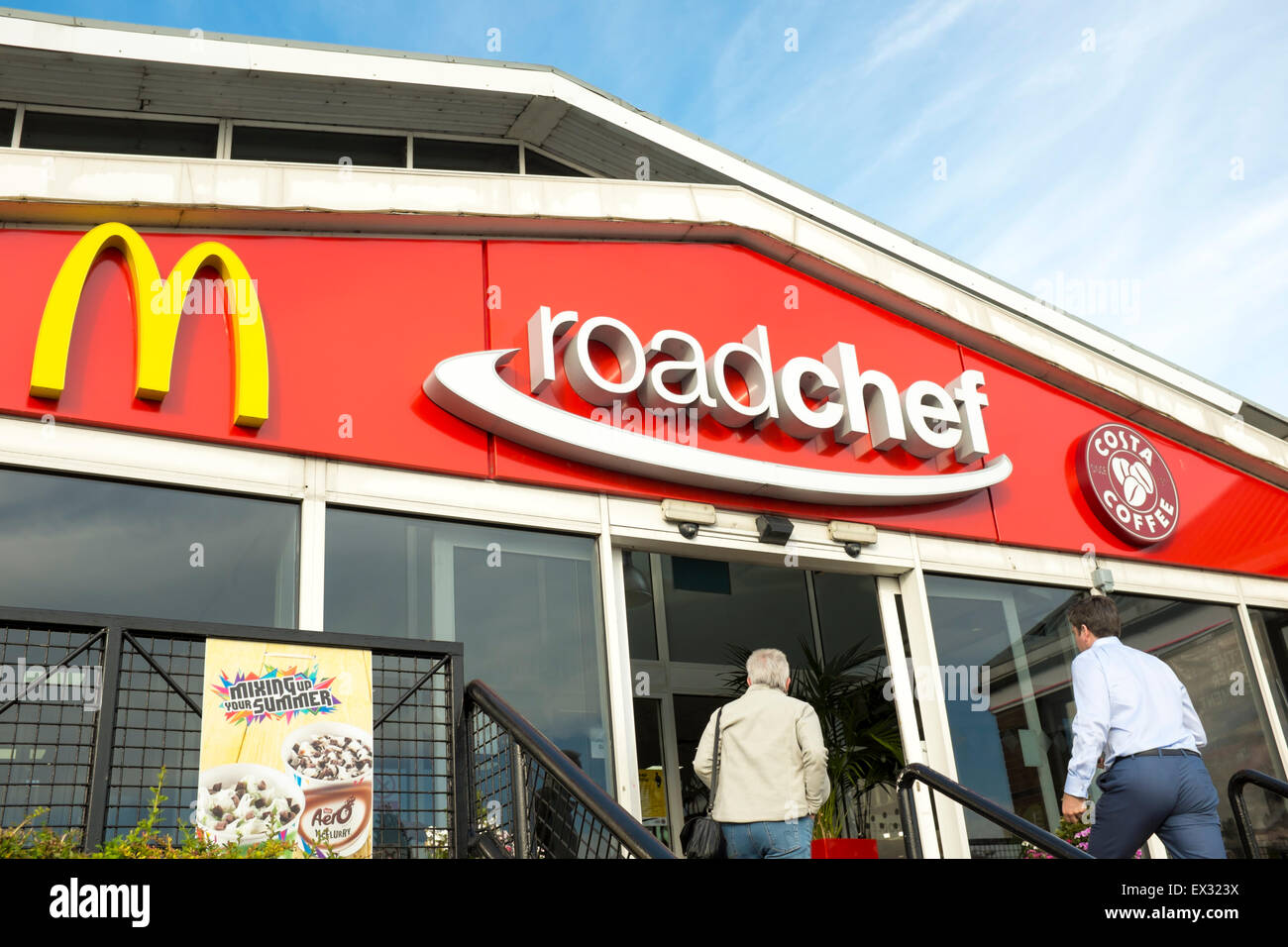 Roadchef motorway service station sign with McDonalds and Costa Coffee signs Stock Photo