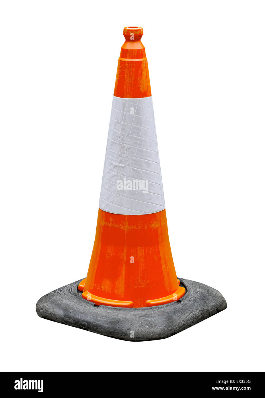 Orange and White reflective traffic cone isolated against a white background great concept for hazards and safety. Stock Photo