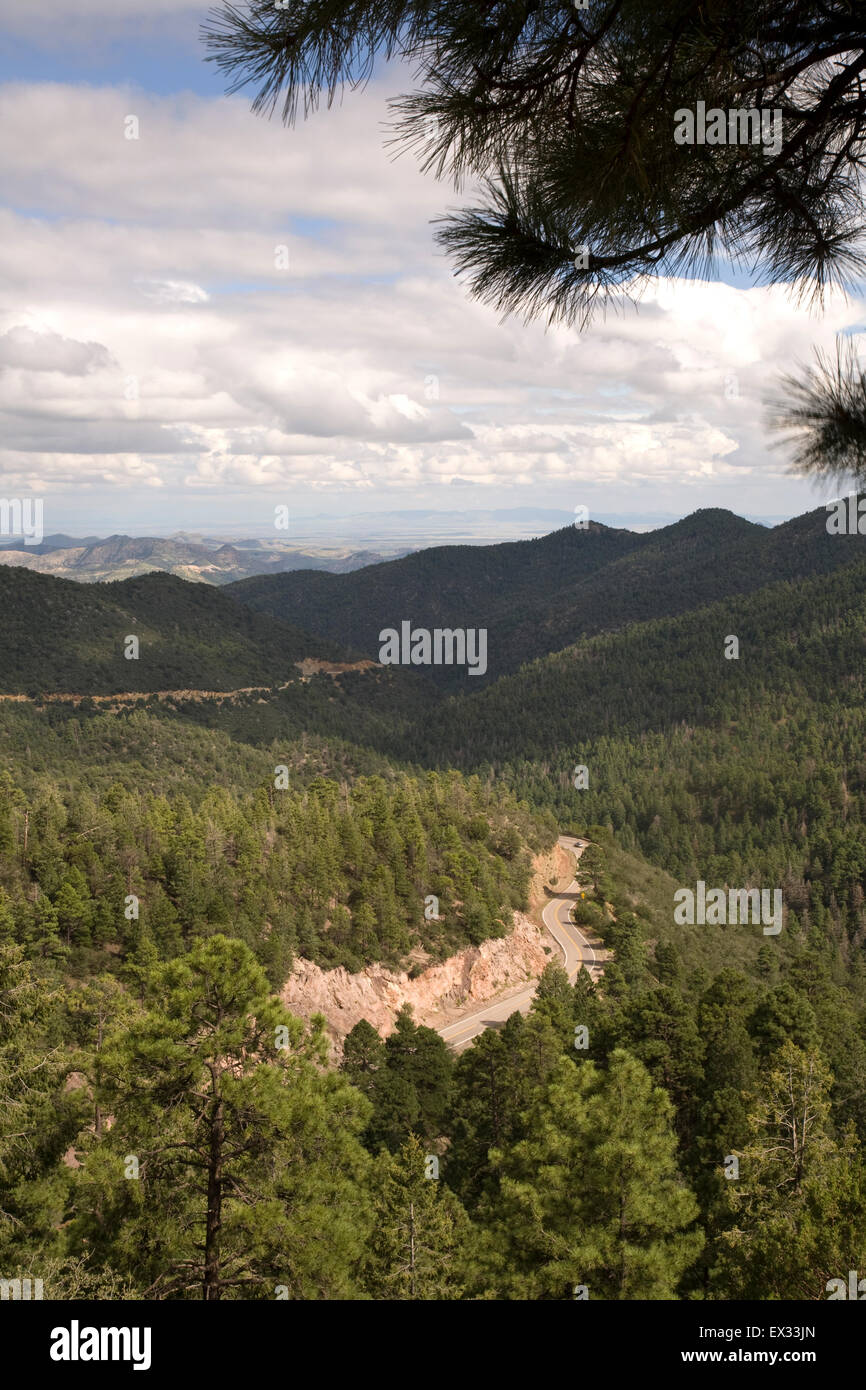 Just west of Hillsboro/Kingston, NM 152 (part of Geronimo Trail National Scenic Byway) climbs to 8,828-foot Emory Pass. Stock Photo