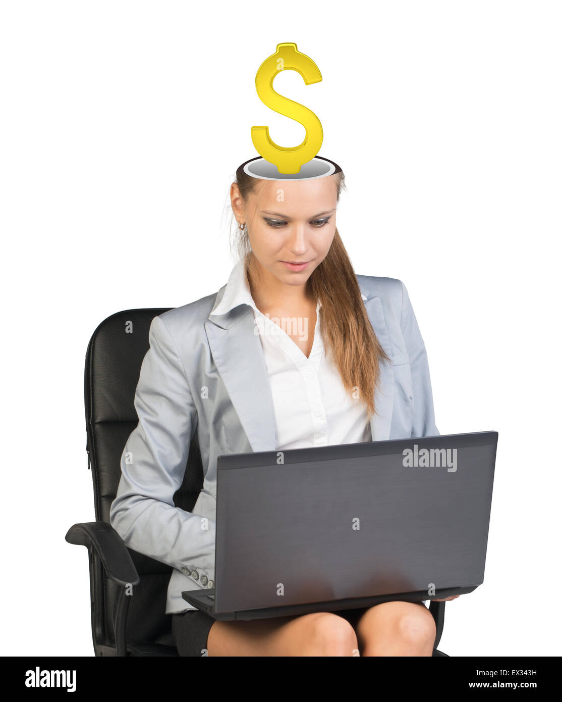 Sitting businesslady with dollar sign Stock Photo - Alamy