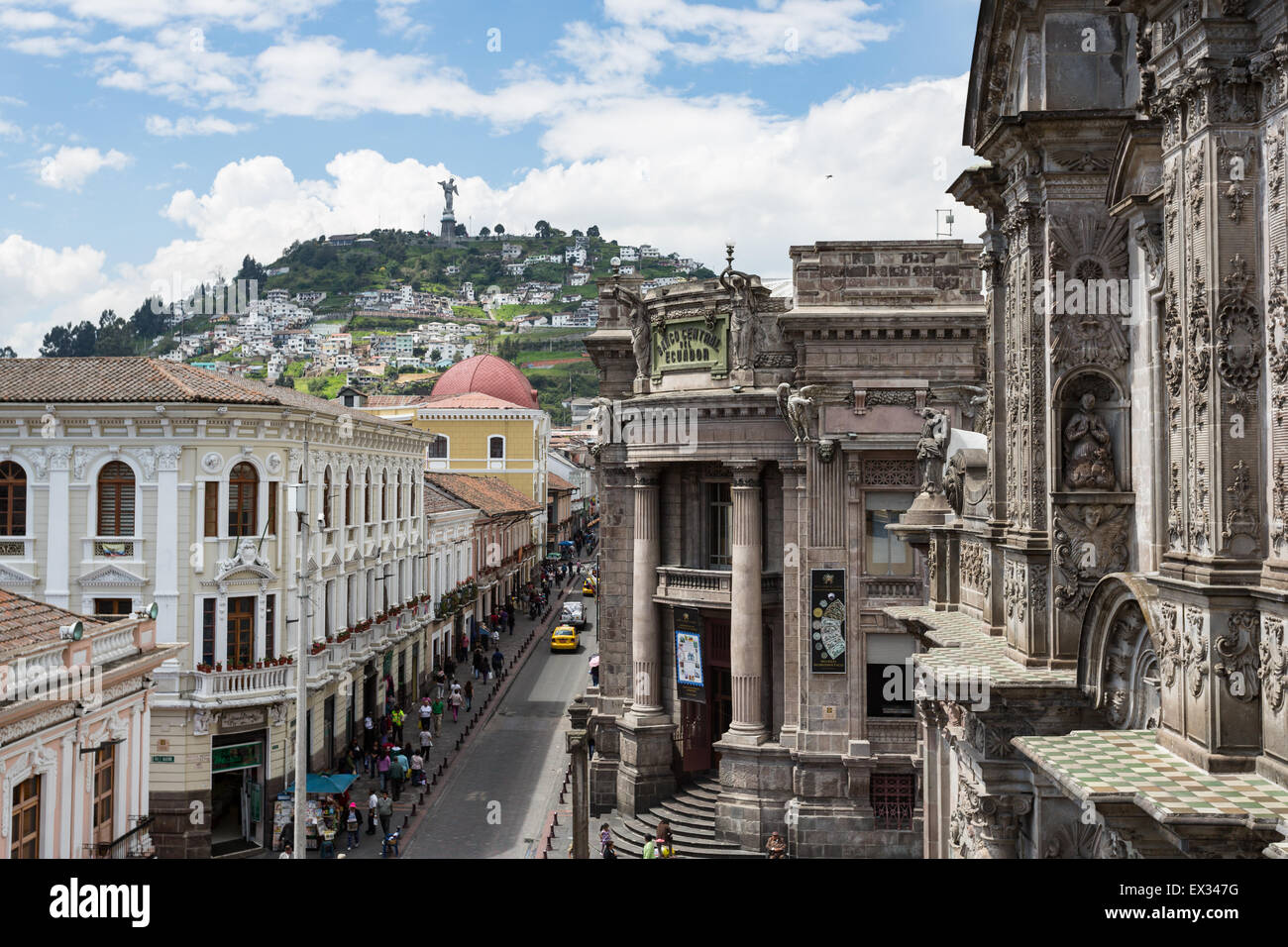 A view of El Panecillo from a rooftop near the Plaza de la Indepencia in Quito, Ecuador. Stock Photo