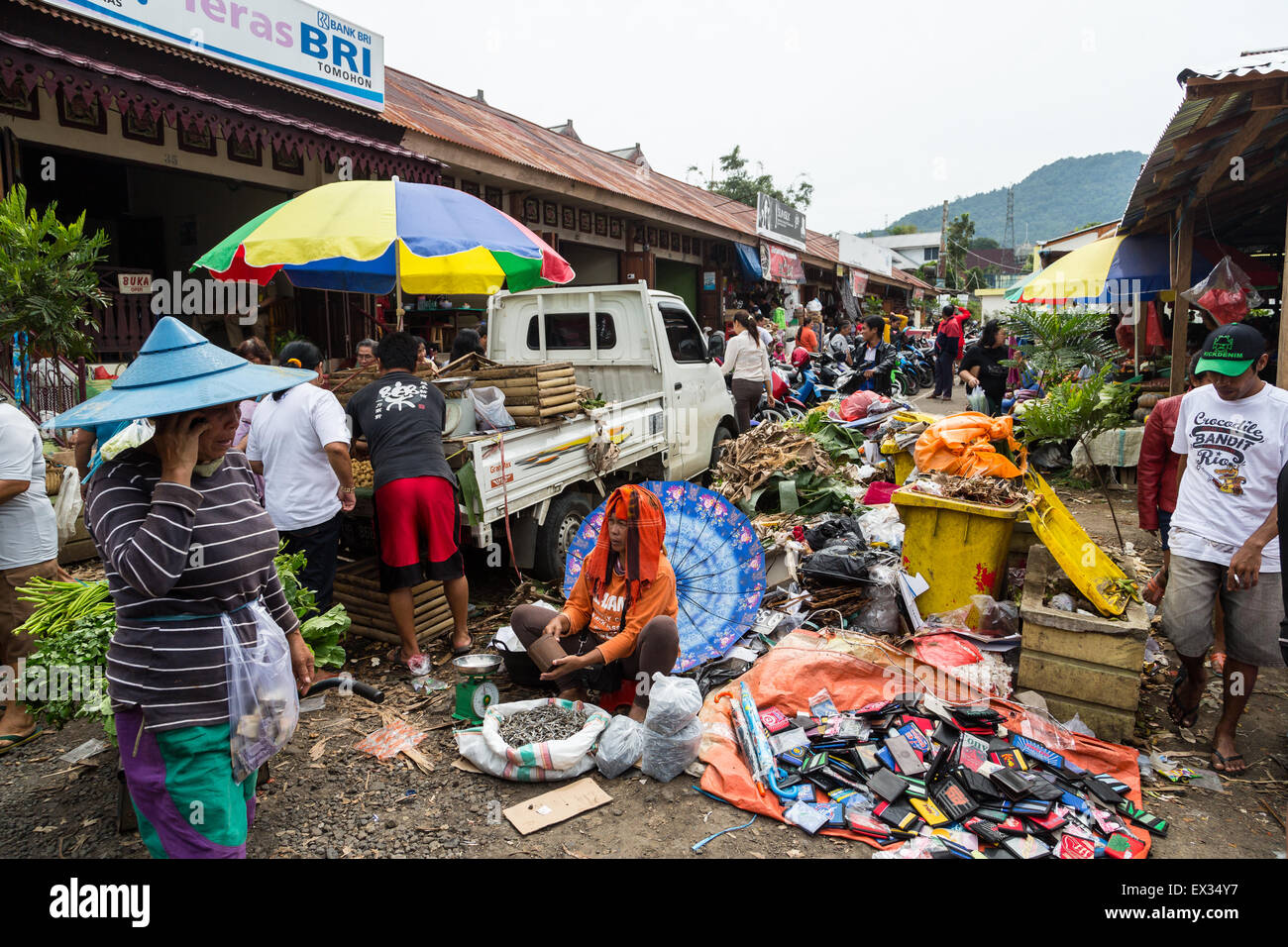 The Tomohon market attracts tourists visiting North Sulawesi, Indonesia with exotic meats, fruits, vegetables and accessories. Stock Photo