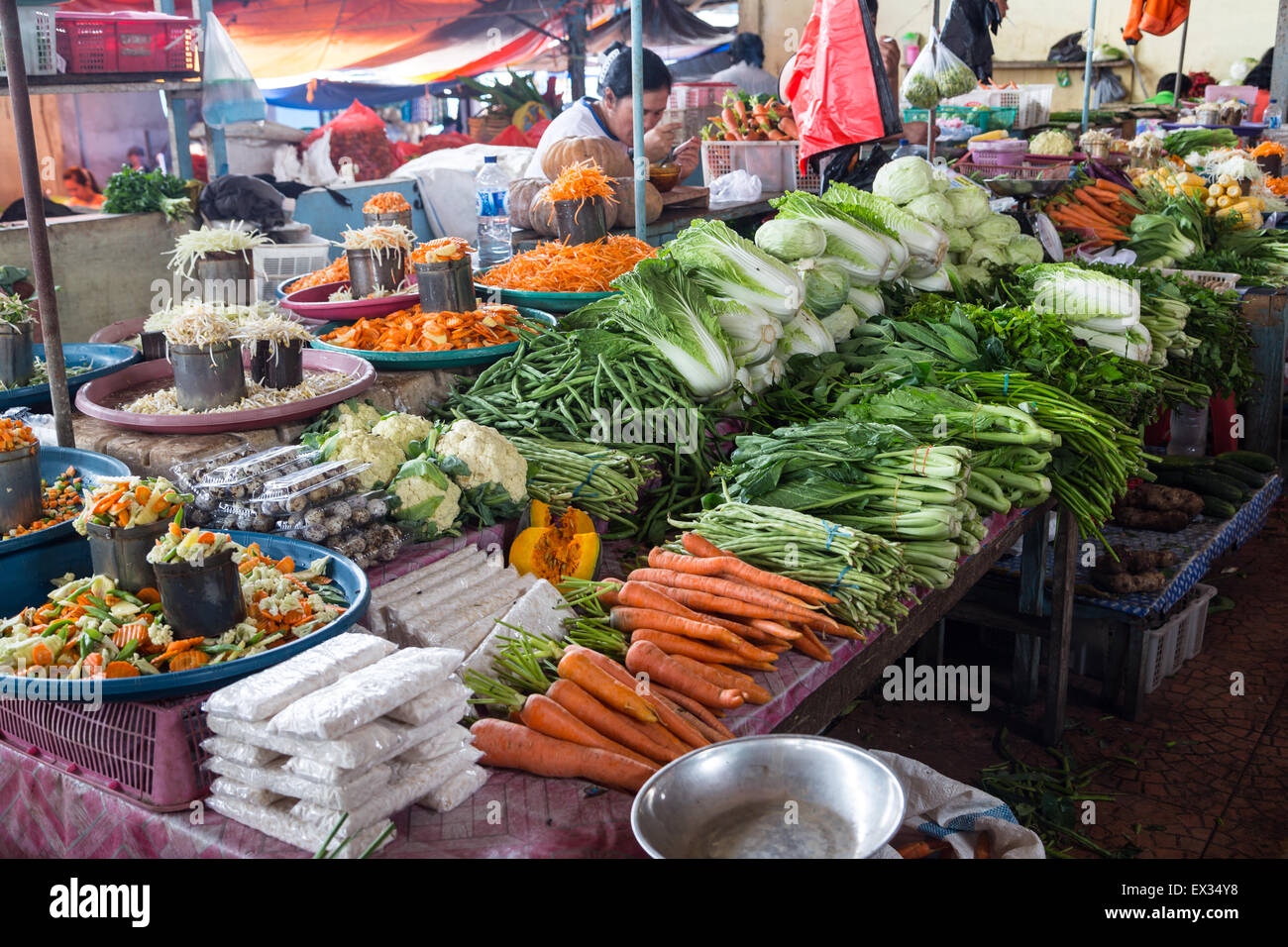 Vegetables are displayed at the Tomohon Market in the Minahasa Highlands or North Sulawesi, Indonesia. Stock Photo