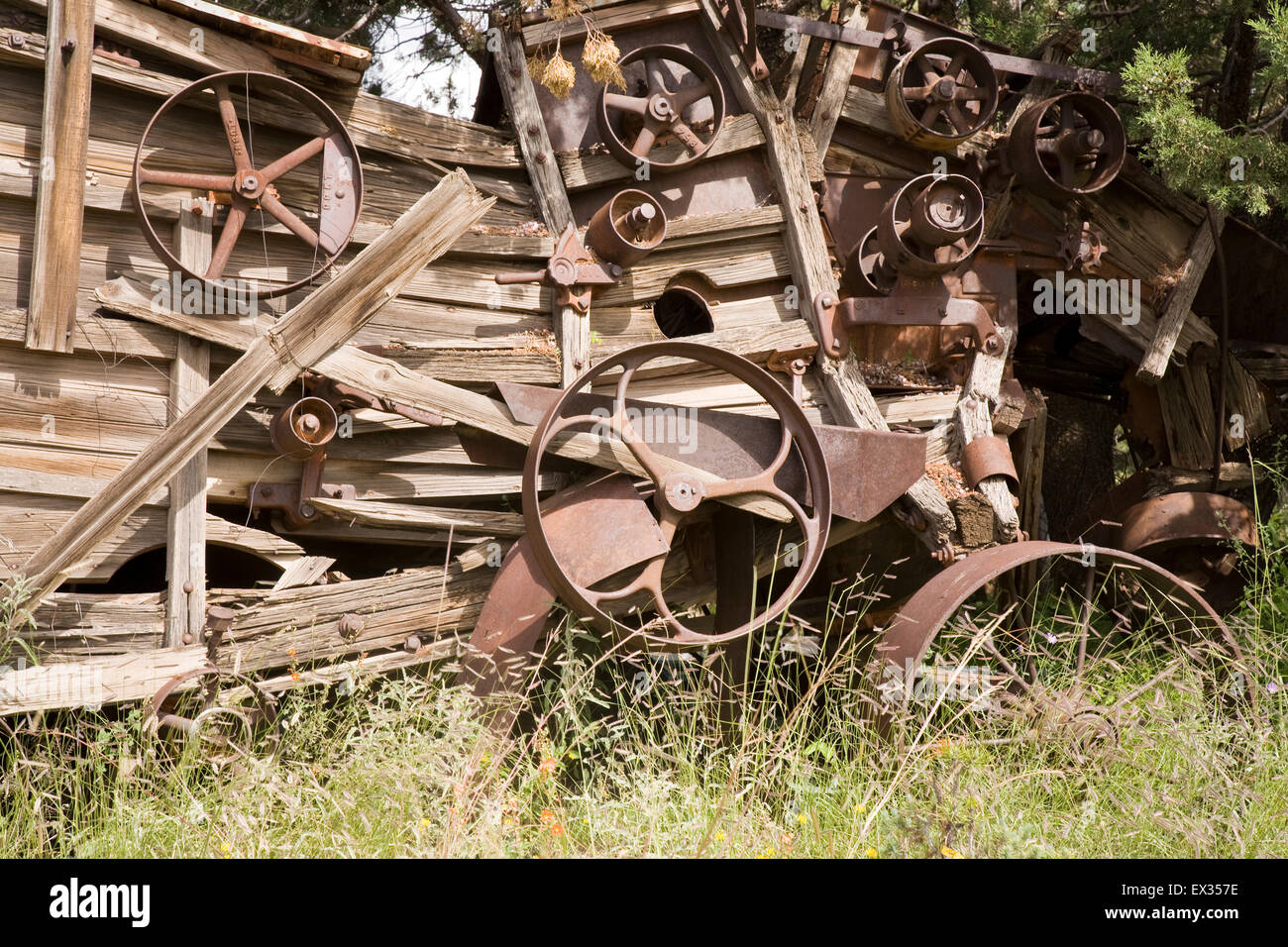 Discarded mining machinery from the late 1800s still stands around in the old gold mining town of Pinos Altos, near Silver City, Stock Photo