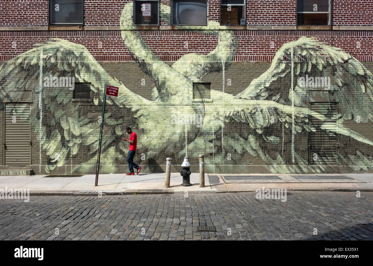 Young African-American man listening to music on a smart phone passing a street art mural of mating swans in New York City NYC Stock Photo