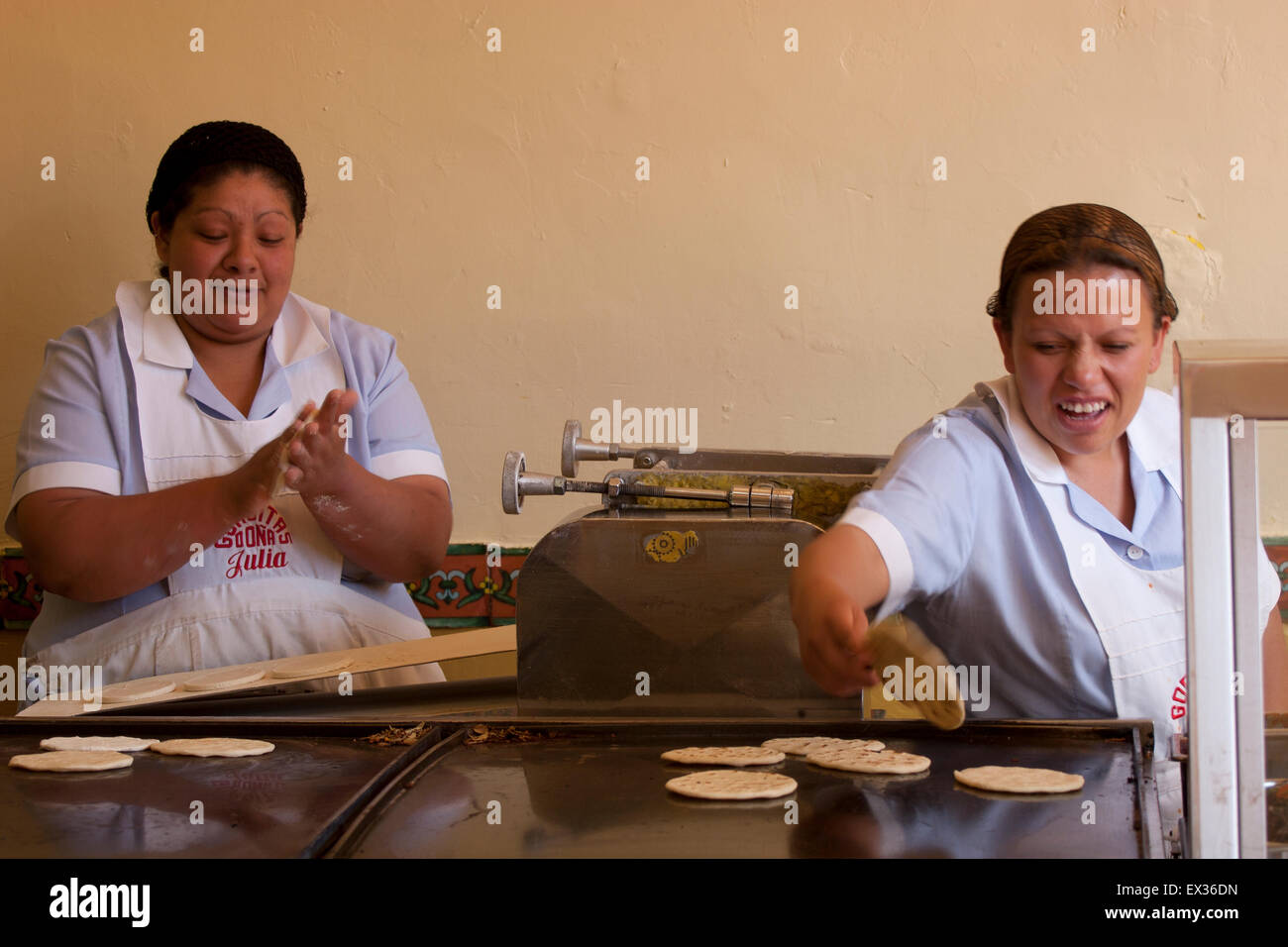 Tortillas roll off the production line in Zacatecas, Mexico Stock Photo