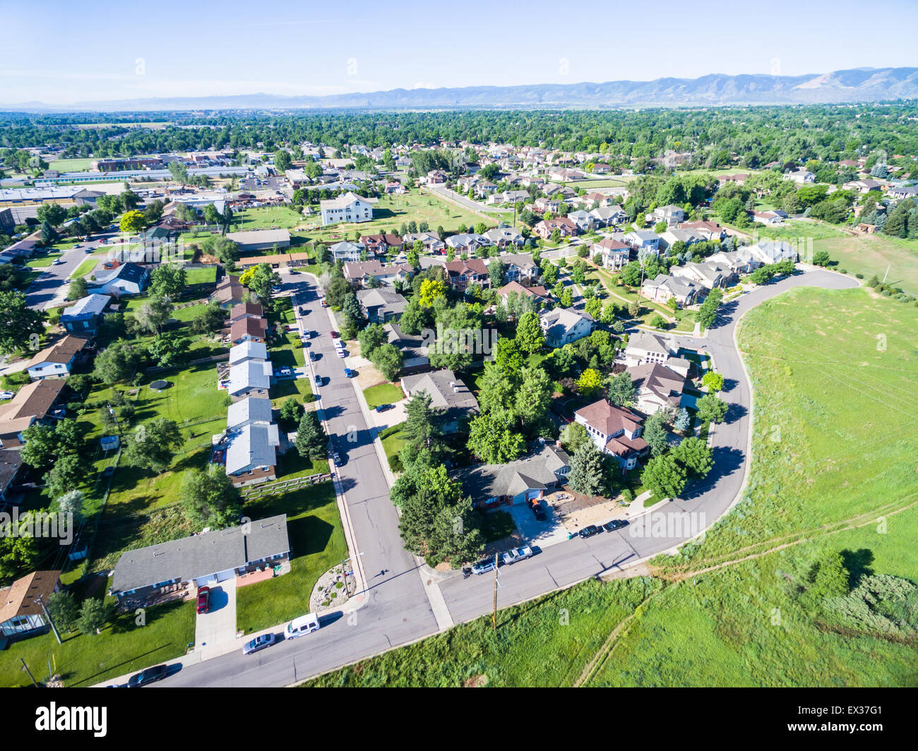 Aerial view of residential neighborhood in Lakewood, Colorado Stock