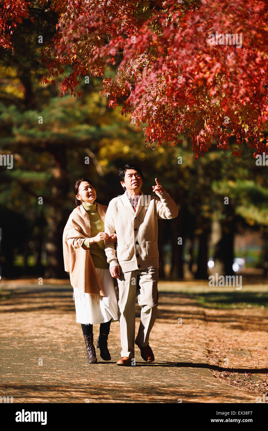 Senior Japanese couple in a city park in Autumn Stock Photo - Alamy