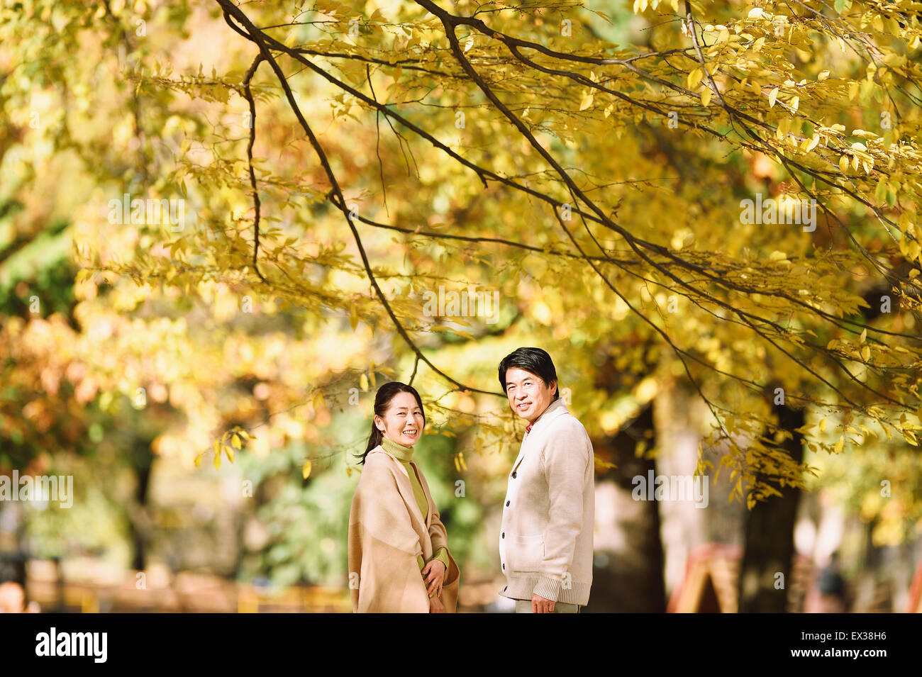 Senior Japanese couple in a city park in Autumn Stock Photo - Alamy