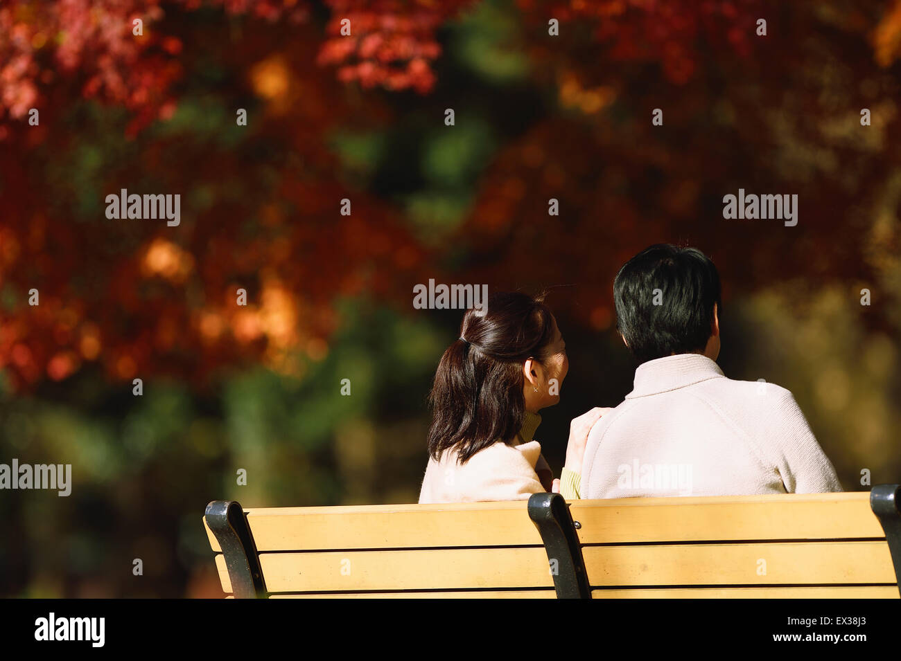 Senior Japanese couple sitting on a bench in a city park Stock Photo ...