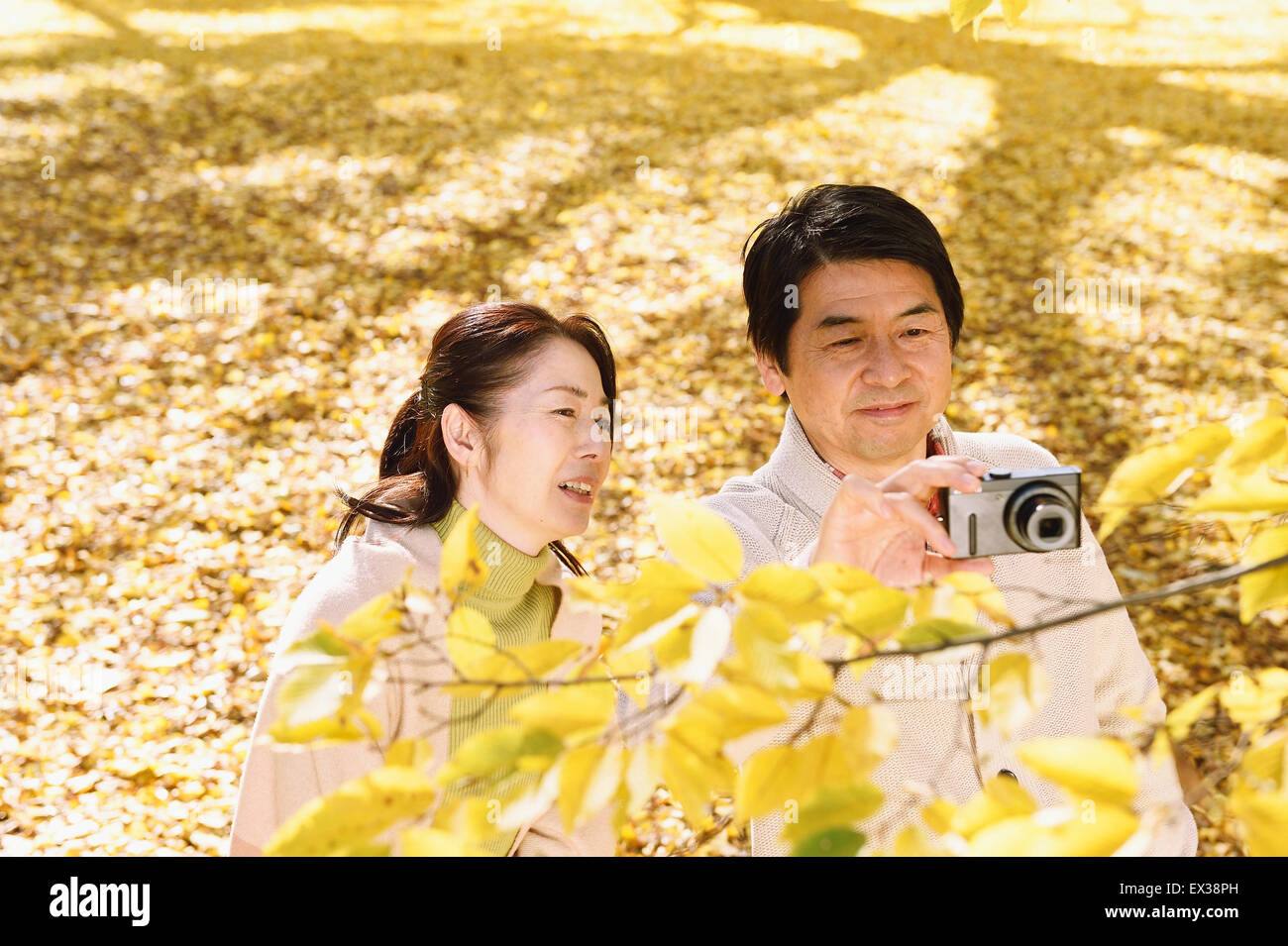 Senior Japanese couple taking pictures in a city park in Autumn Stock ...