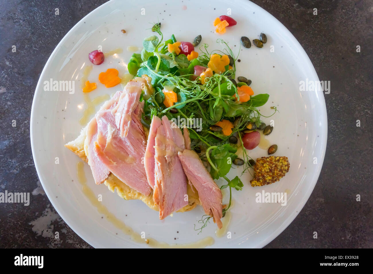 Café lunch Honey Roast  ham open sandwich with Pommery mustard focaccia salad and pickles Chadwick & Co Coffee House and Kitchen Stock Photo