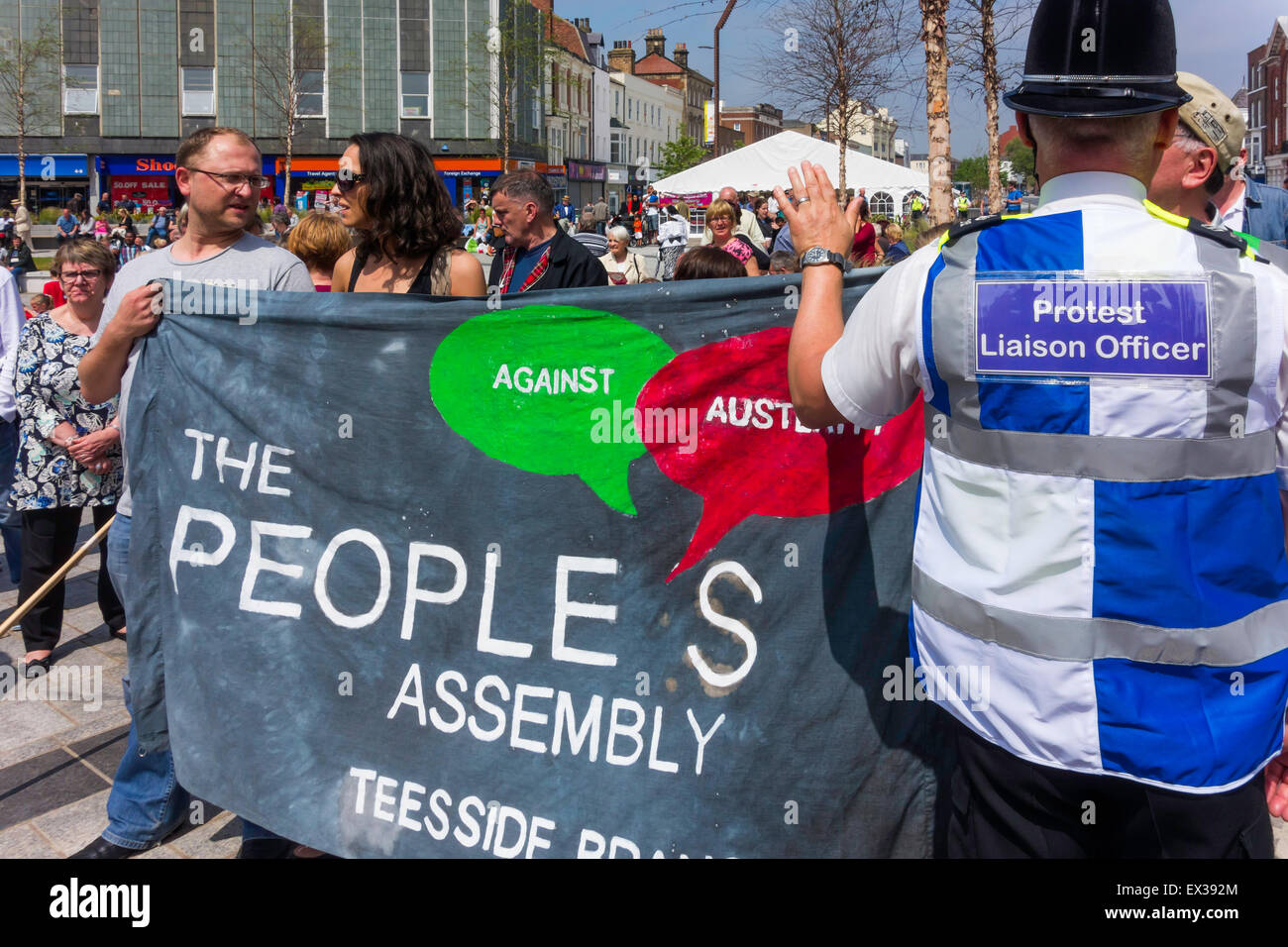 A counter-demonstration against a parade by an  Anti-Muslim Group with a  banner for the People’s Assembly Teesside Branch Stock Photo
