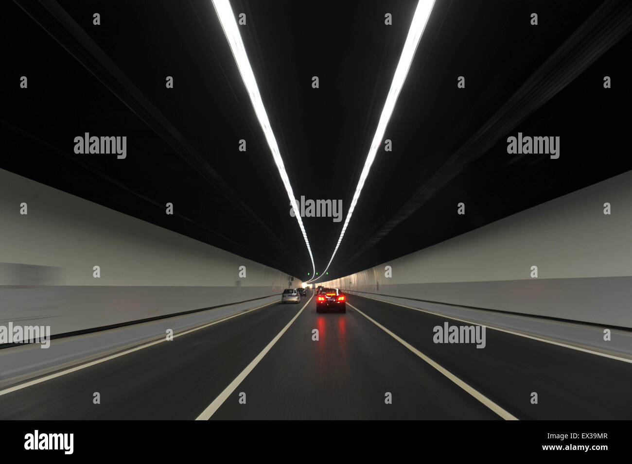 Vehicles travel at the Xiangan undersea highway tunnel in Xiamen, Fujian province April 26, 2010. The first undersea tunnel buil Stock Photo