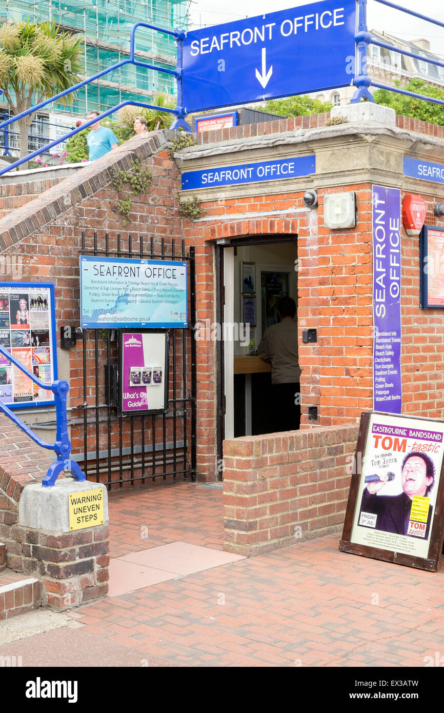 Seafront office selling event tickets and admission on the lower promenade Eastbourne East Sussex Southern England UK Stock Photo