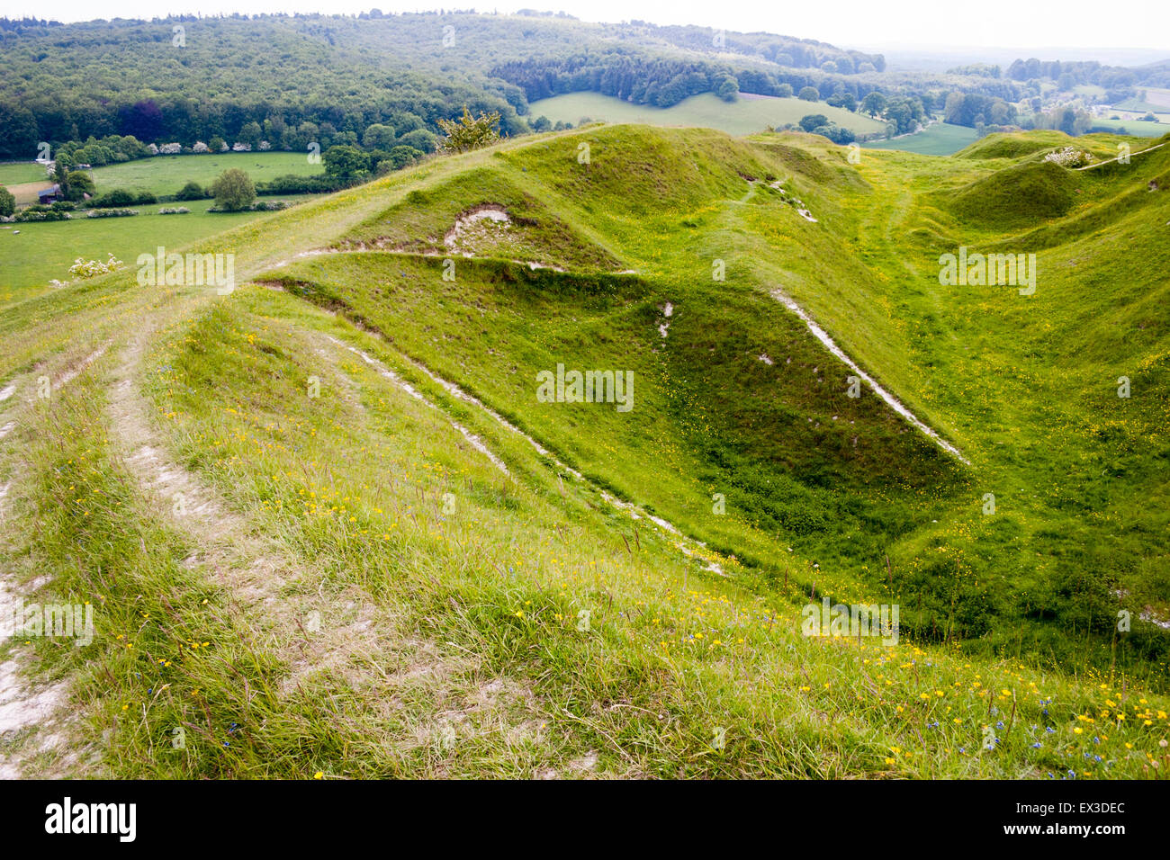 Crey Hill, Wiltshire, England. A Neolitic hill fort site. View from top of ridgeway path winding up and around a dead-end killing zone Stock Photo
