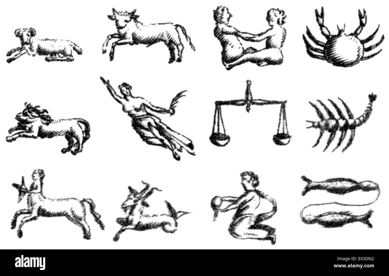 Antique/Vintage Zodiac Pictograms/Symbols, fuzzy as if drawn with pencil or charcoal. Stock Photo