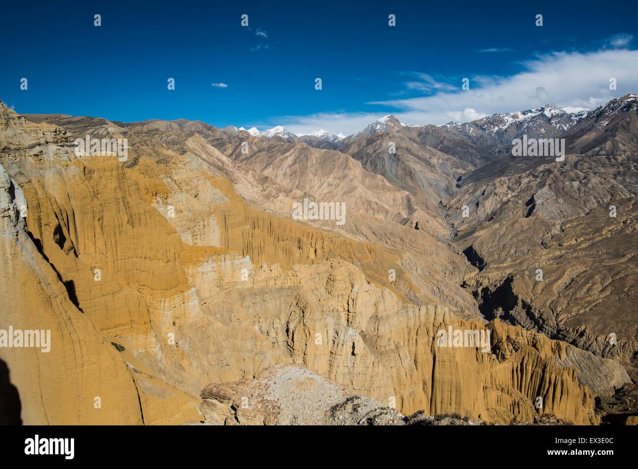 Mountains, rock formations, eroded landscape of different colours depending on the mineral composition of the terrain, Chhusang Stock Photo