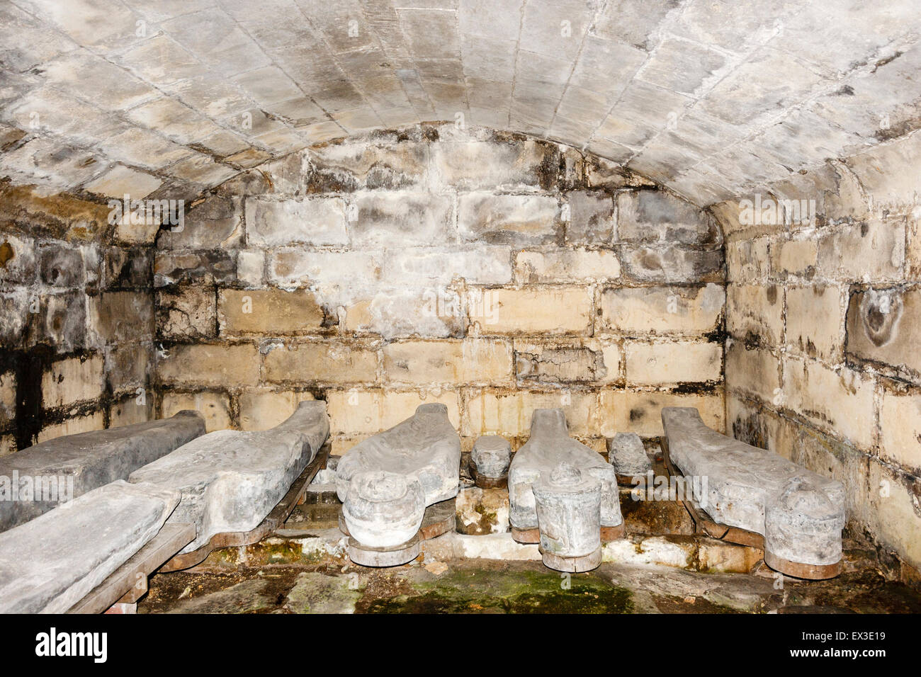 Farleigh Hungerford medieval English castle. 17th century lead inner coffins of the Hungerford family in the crypt of the Chapel of St Anne. Stock Photo