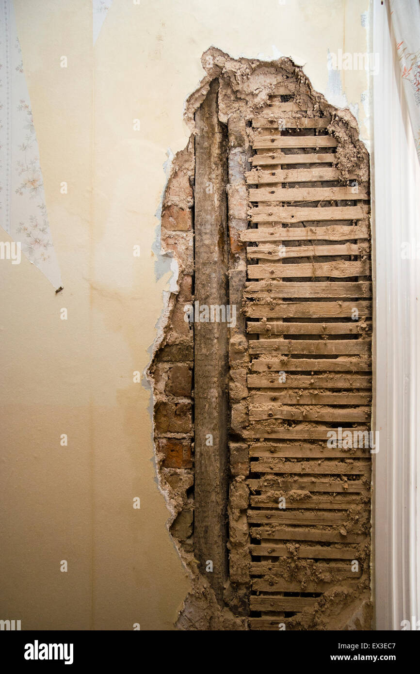 English Victorian period house, interior wall. Lath and plaster wall