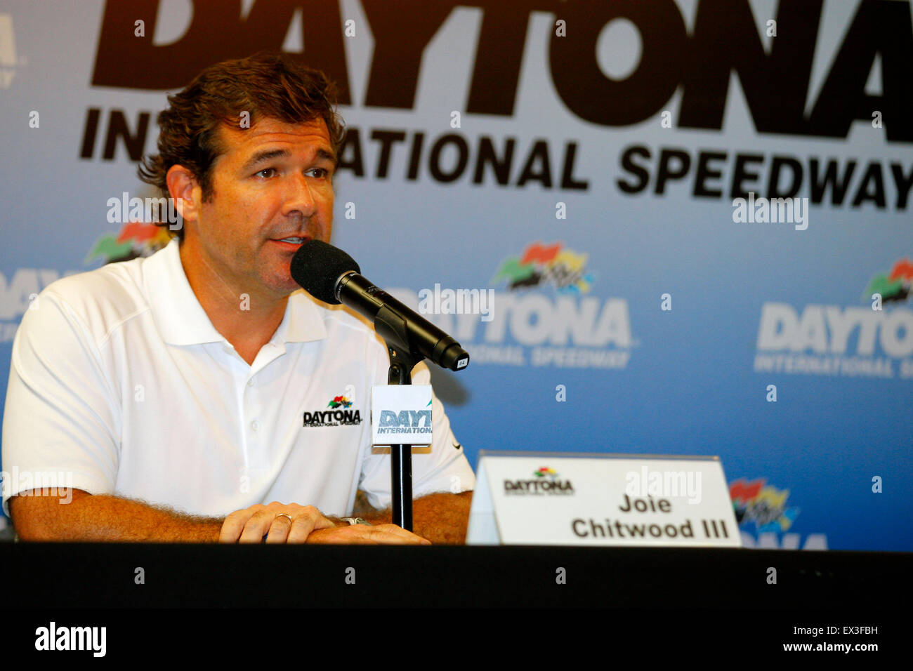 Daytona, FL, USA. 6th July, 2015. Daytona, FL - Jul 06, 2015: Daytona International Speedway President, Joie Chitwood, speaks to the media following the last lap wreck of Austin Dillon (3) during the Coke Zero 400 at Daytona International Speedway in Daytona, FL. Credit:  csm/Alamy Live News Stock Photo