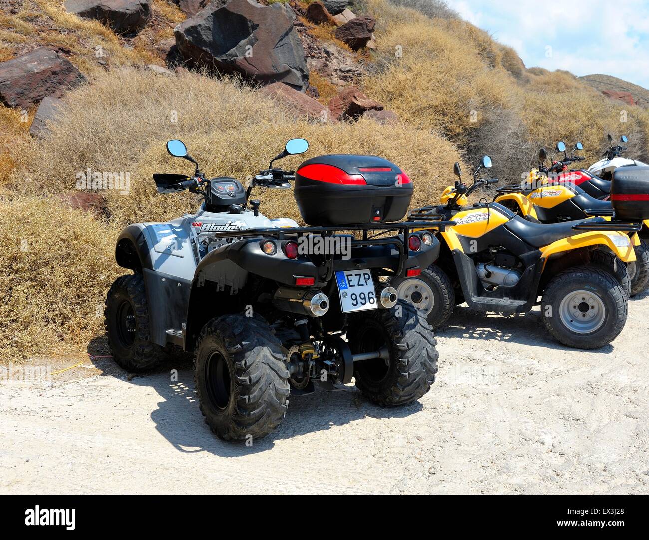 An ATV quad rental bike in Akrotiri Santorini Greece Stock Photo - Alamy