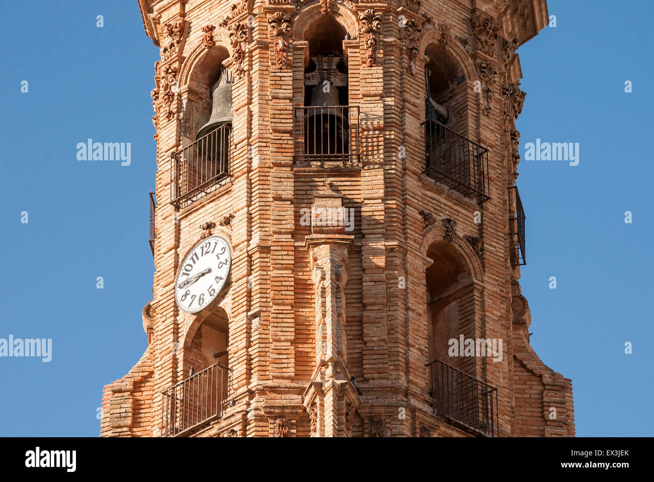 Close-up of Baroque Bell Tower, Collegiate Church Real Colegiata de San Sebastian, Antequera, Andalusia, Spain Stock Photo