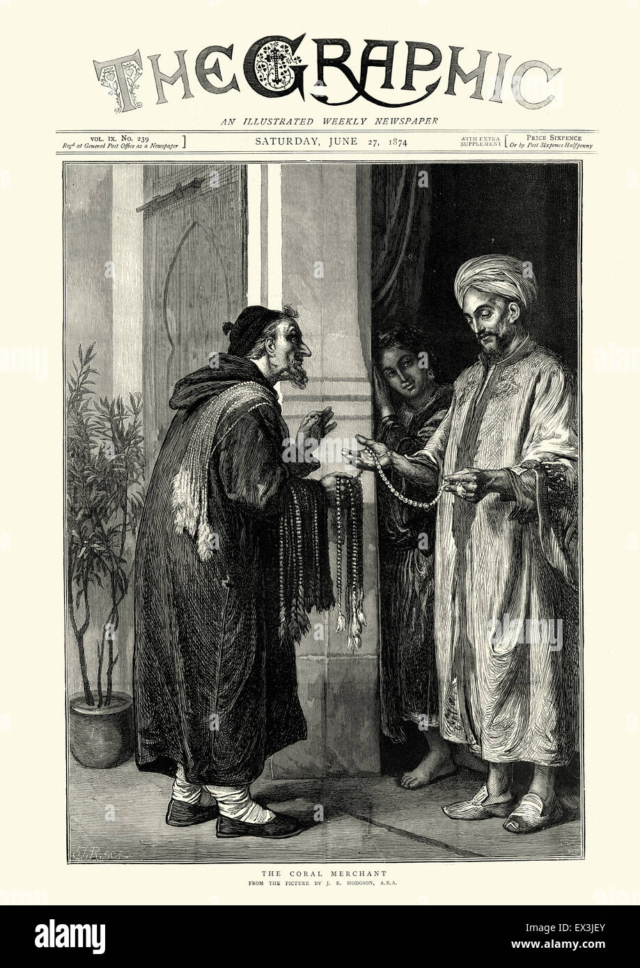 Vintage engraving after J E Hodgson, The Coral Merchant selling jewelery door to door. The Graphic, 1874 Stock Photo