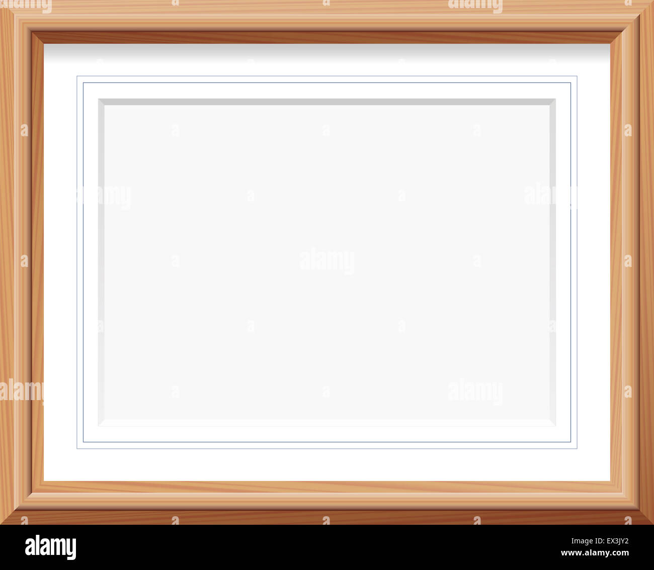 Horizontal wooden picture frame with mat and french lines. Illustration. Stock Photo
