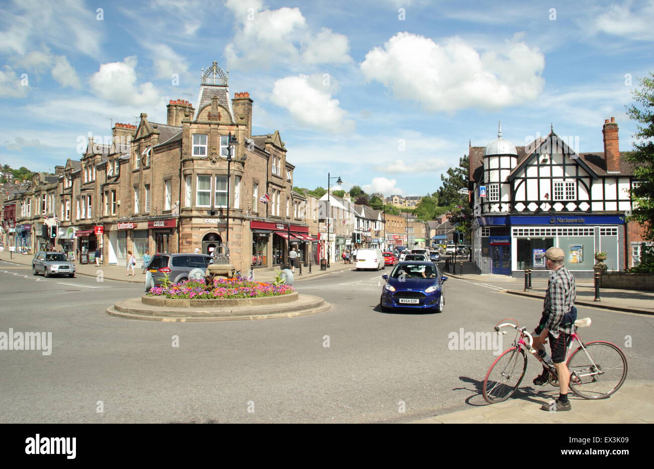 The roundabout  on Crown Square in Matlock town centre on a sunny summer's day, Derbyshire, England Stock Photo