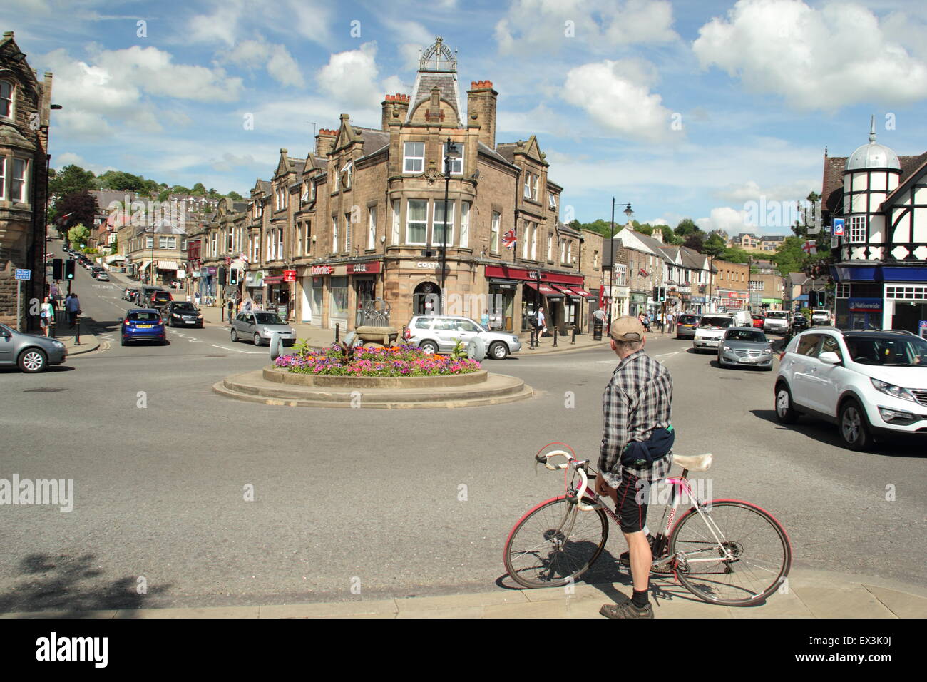 The roundabout  on Crown Square in Matlock town centre on a sunny summer's day, Derbyshire, England Stock Photo